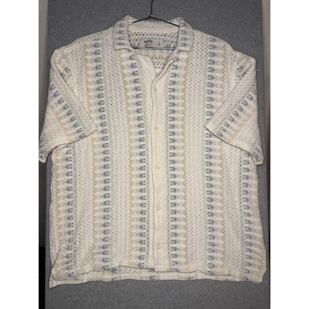 Hollister Mens Medium Cream Crochet Knit Short Sleeve Boxy Fit Button Down Shirt